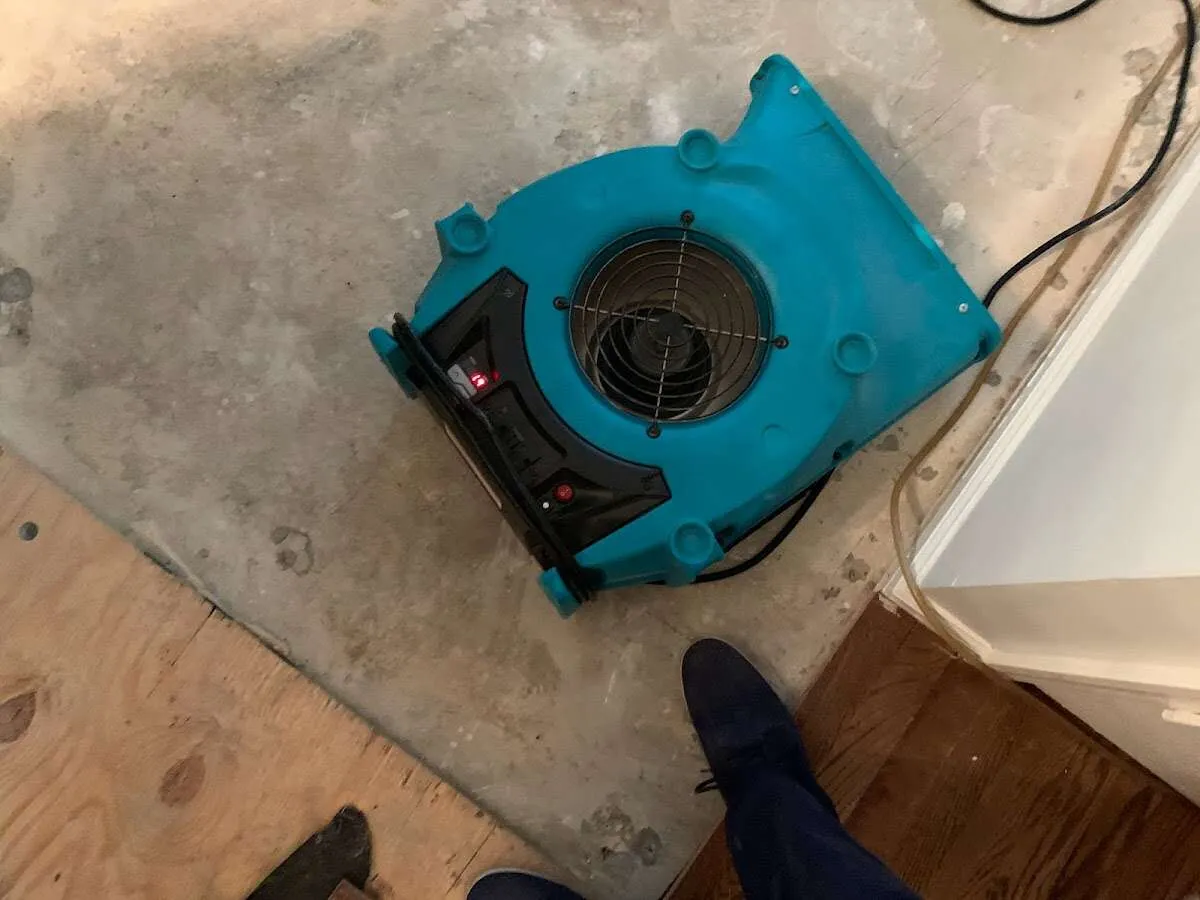Air mover drying subfloor during Commercial Water Damage Restoration in Willowbrook